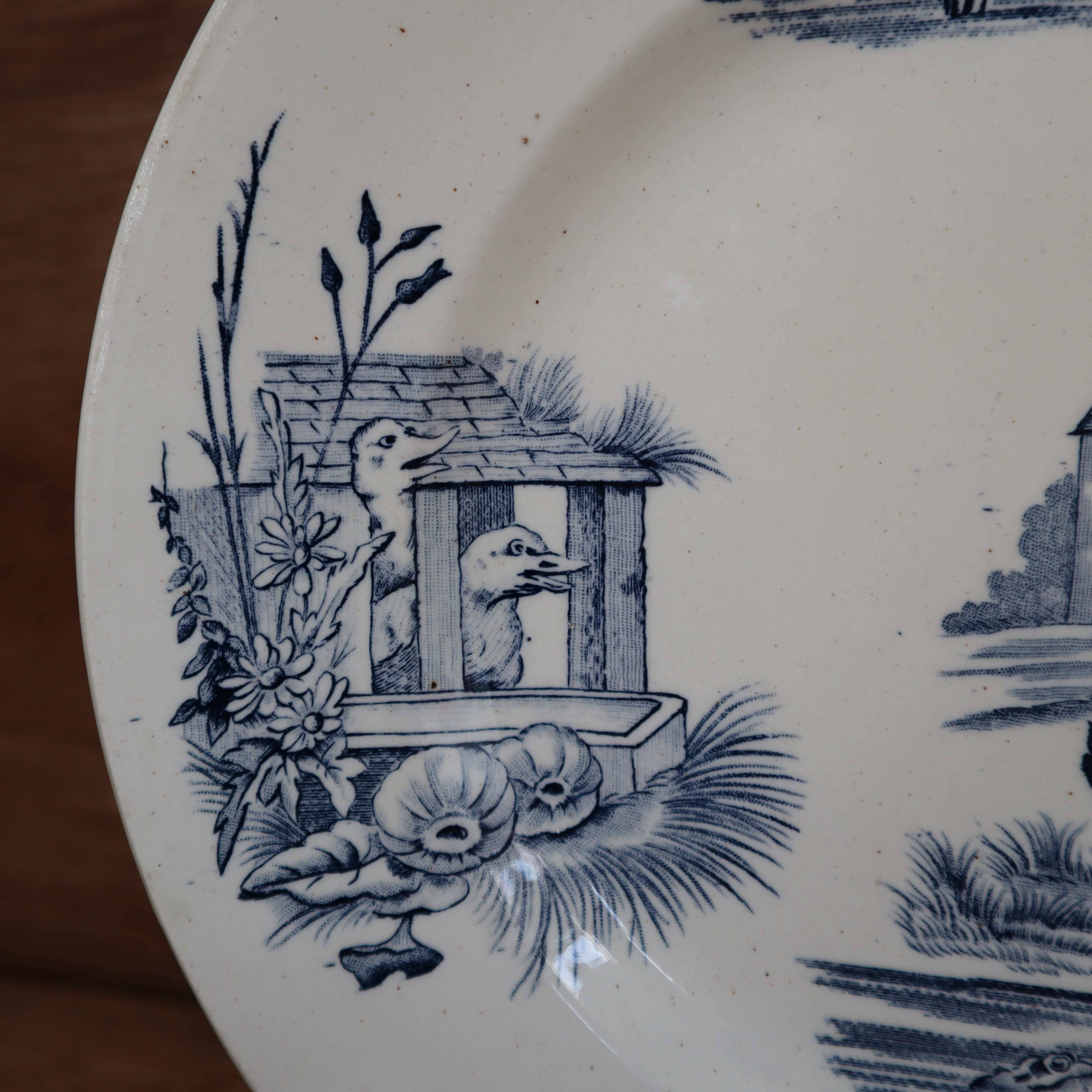 Rustic blue and white ironstone plate, duck and countryside decor