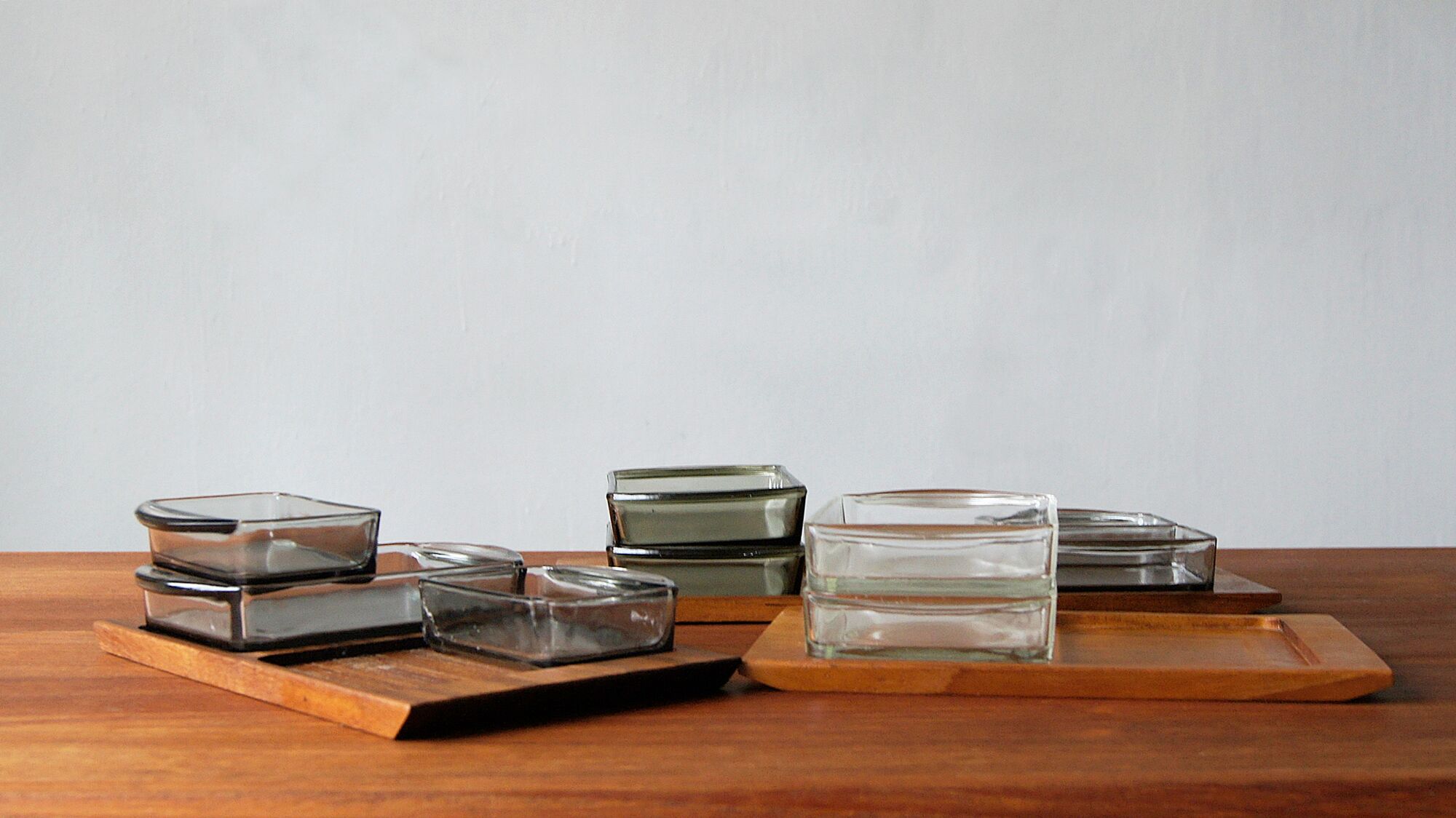 Danish modern serving set teak tray with glass bowls