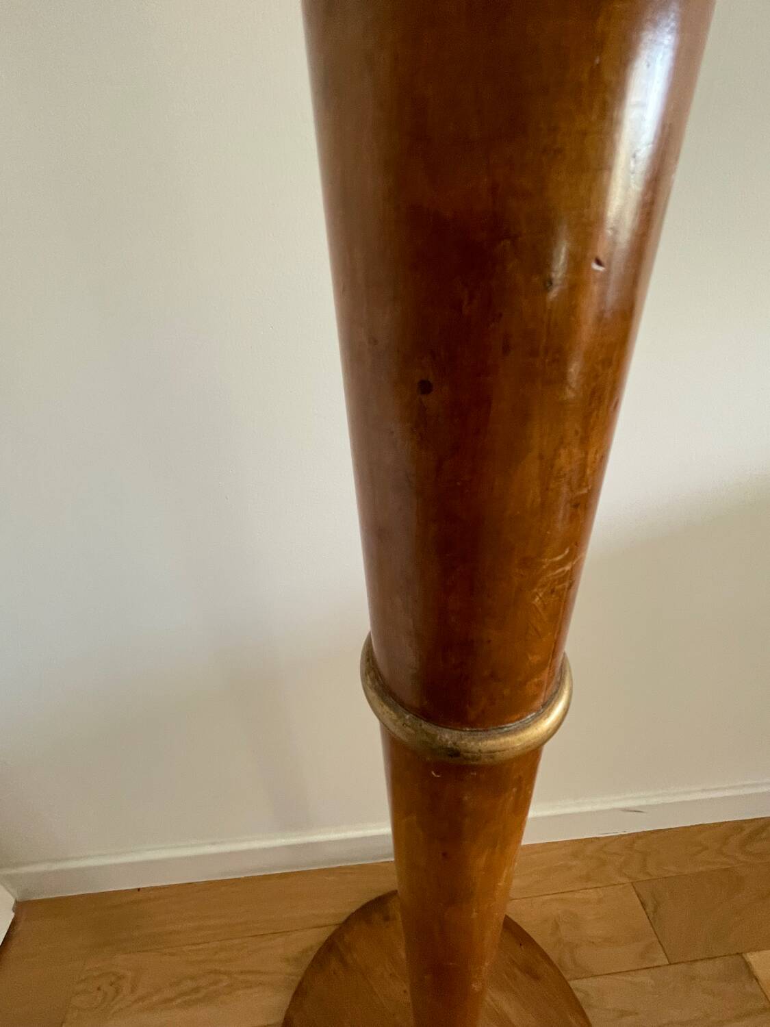 Antique wooden floor lamp with opaline glass shade