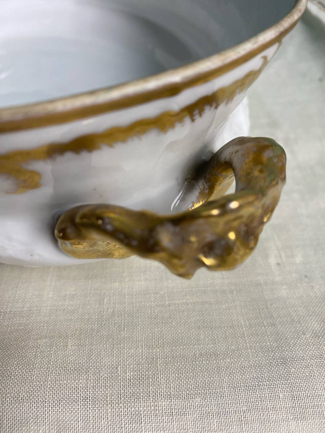 Soup tureen, vegetable dish in fine Limoges porcelain Monograms PJC gold