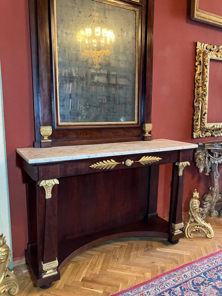 Italian Empire Mahogany and Parcel Gilt Console with Mirror and Carrara Marble Top, Late 18th Century