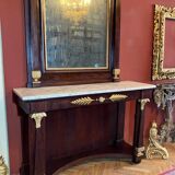 Italian Empire Mahogany and Parcel Gilt Console with Mirror and Carrara Marble Top, Late 18th Century