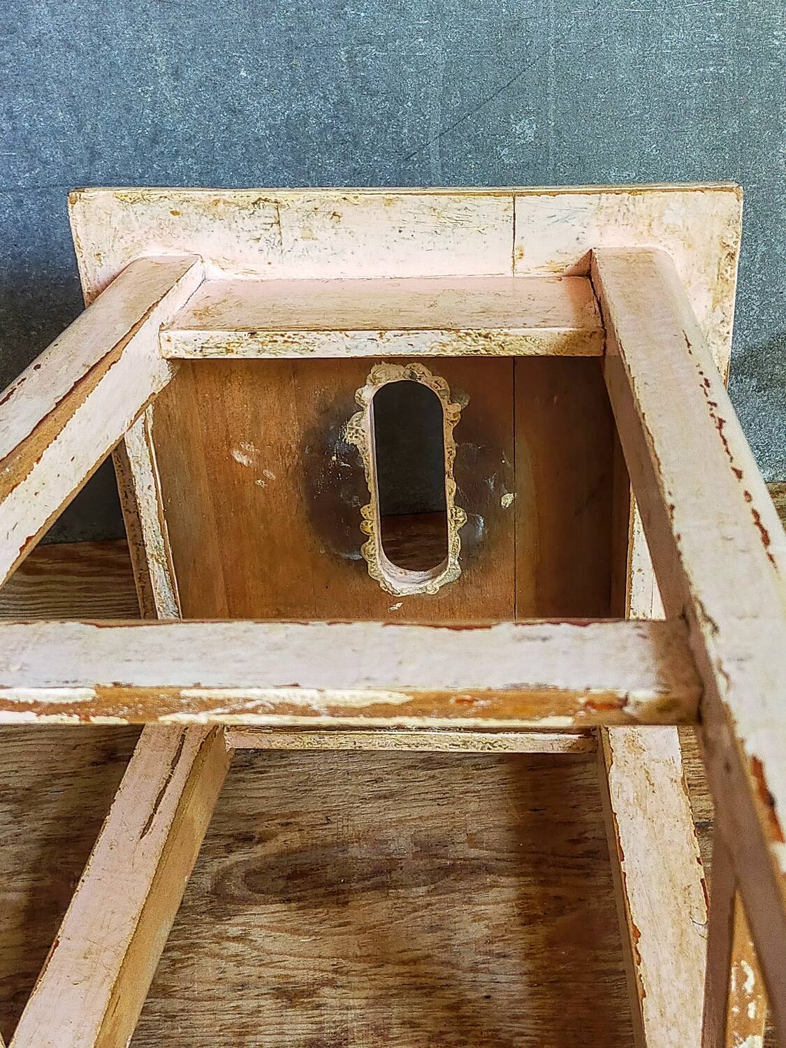 Antique workshop stool in patinated solid wood