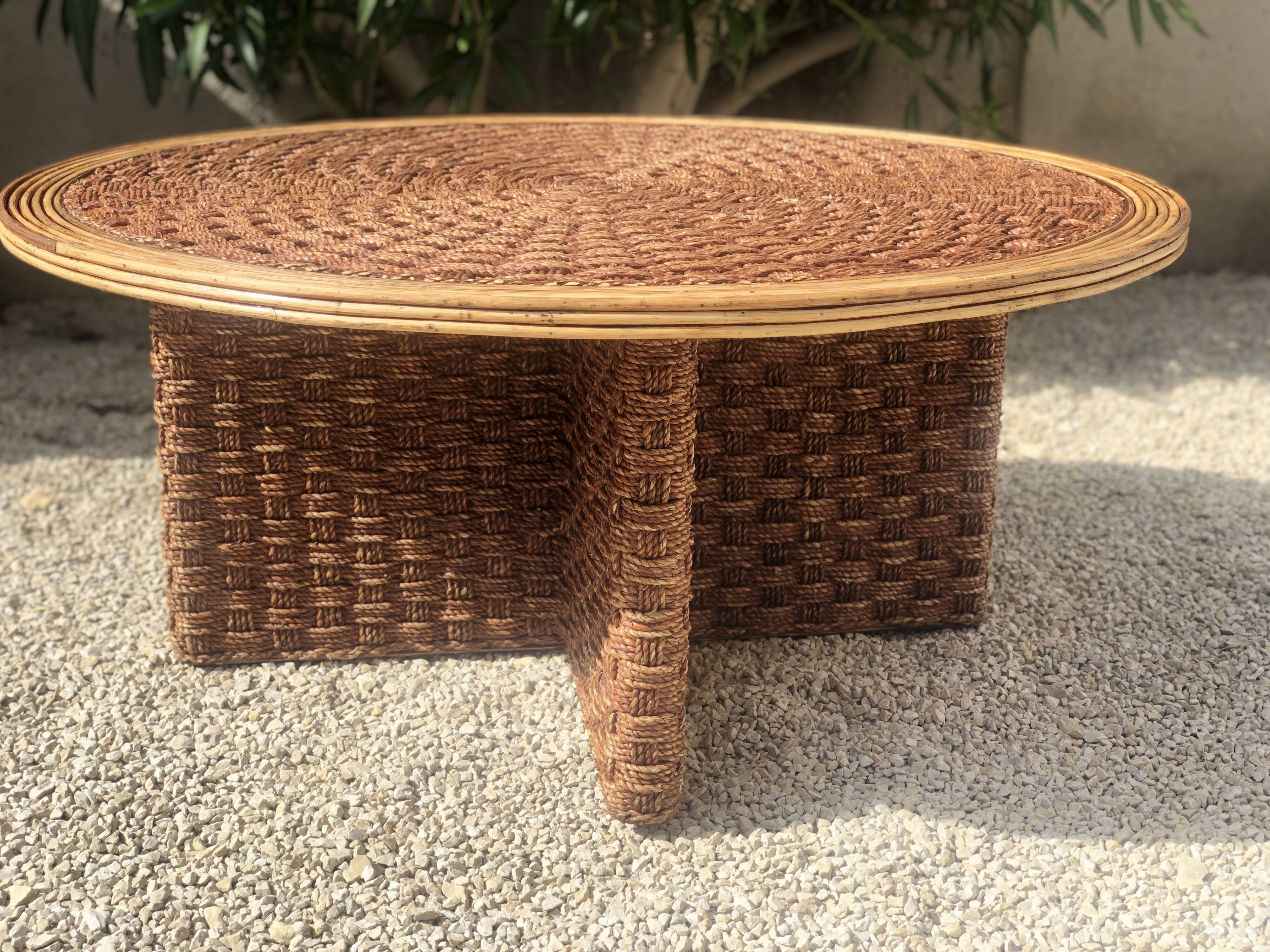 Woven rope and rattan coffee table, 1970s