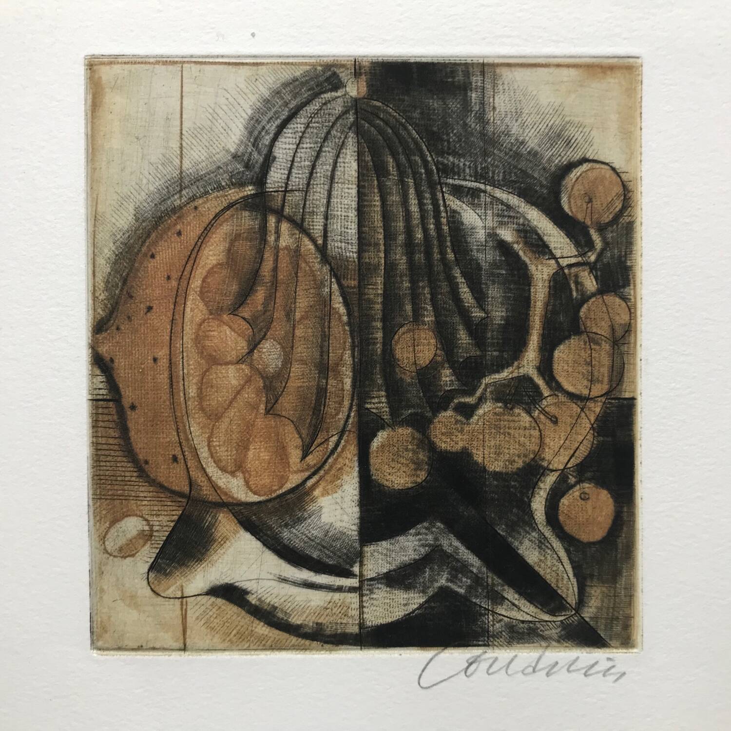 Brigitte coudrain(1934).composition aux fruits,1998.eau-forte aquatint