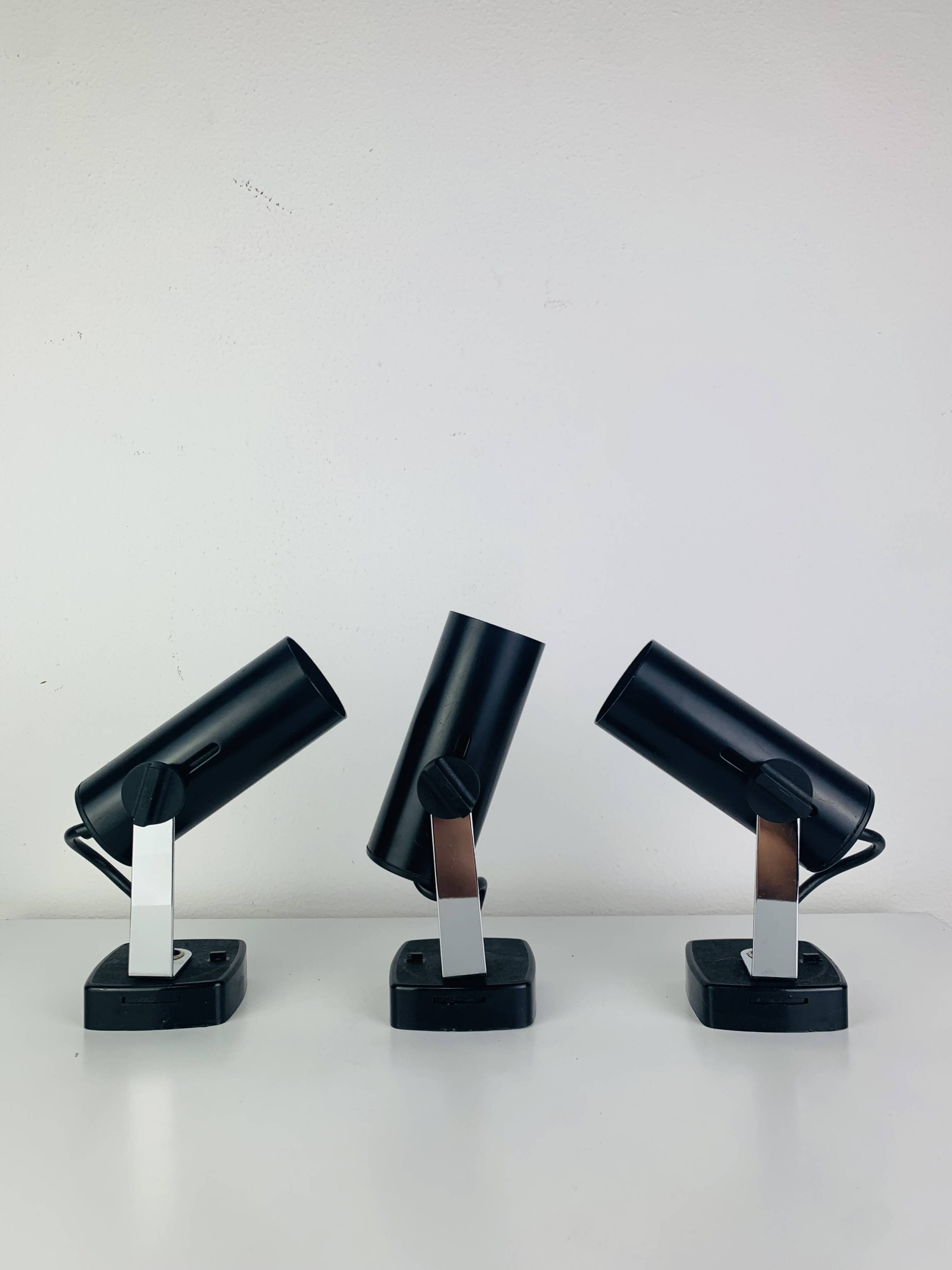 3 black metal and chrome vintage spotlights by Targetti