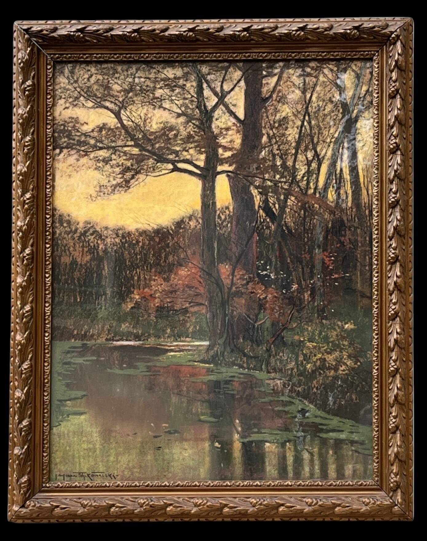 KOWALSKI Ivan, Pastel landscape river undergrowth signed early 20th century