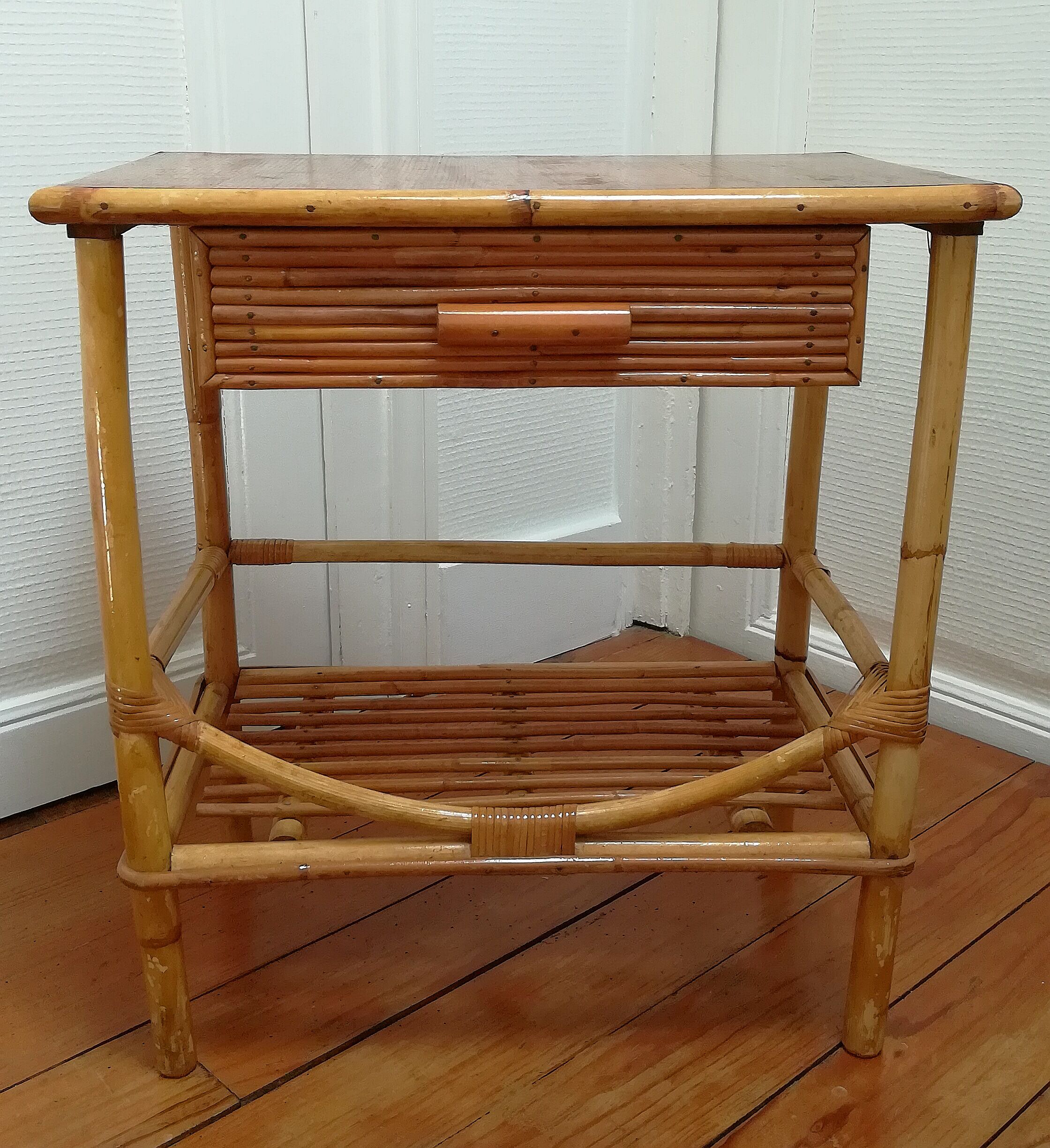 Rattan and vintage bamboo bedside table