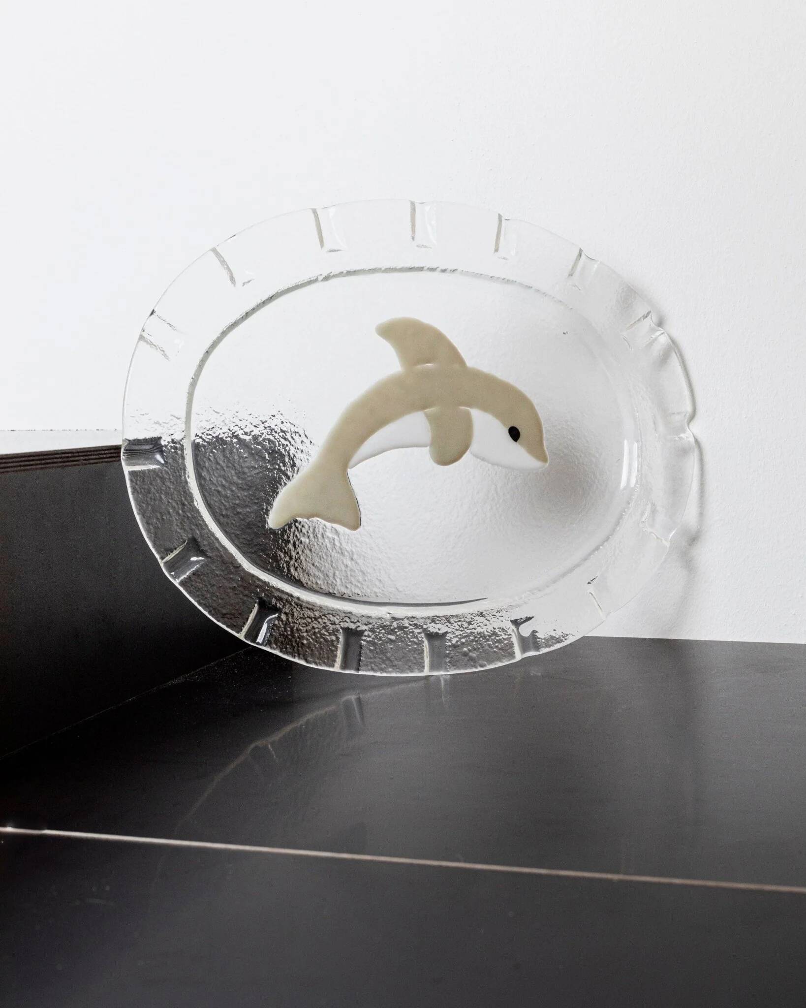 Vintage Murano glass serving platter with dolphin decoration, Italy, 1980s.