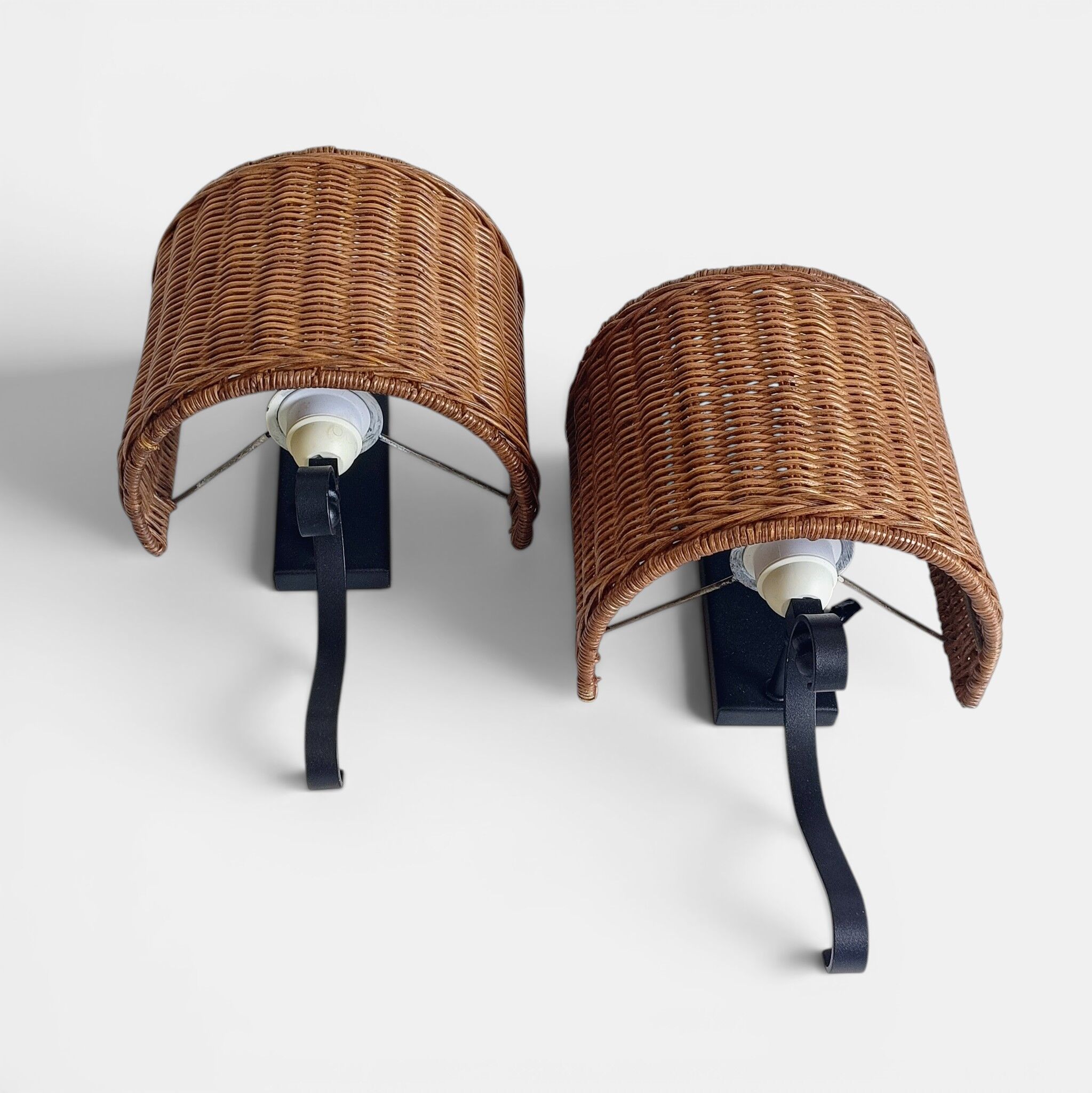 Spanish Mid-Century Wicker And Wrought Iron Wall Sconces, Three Available
