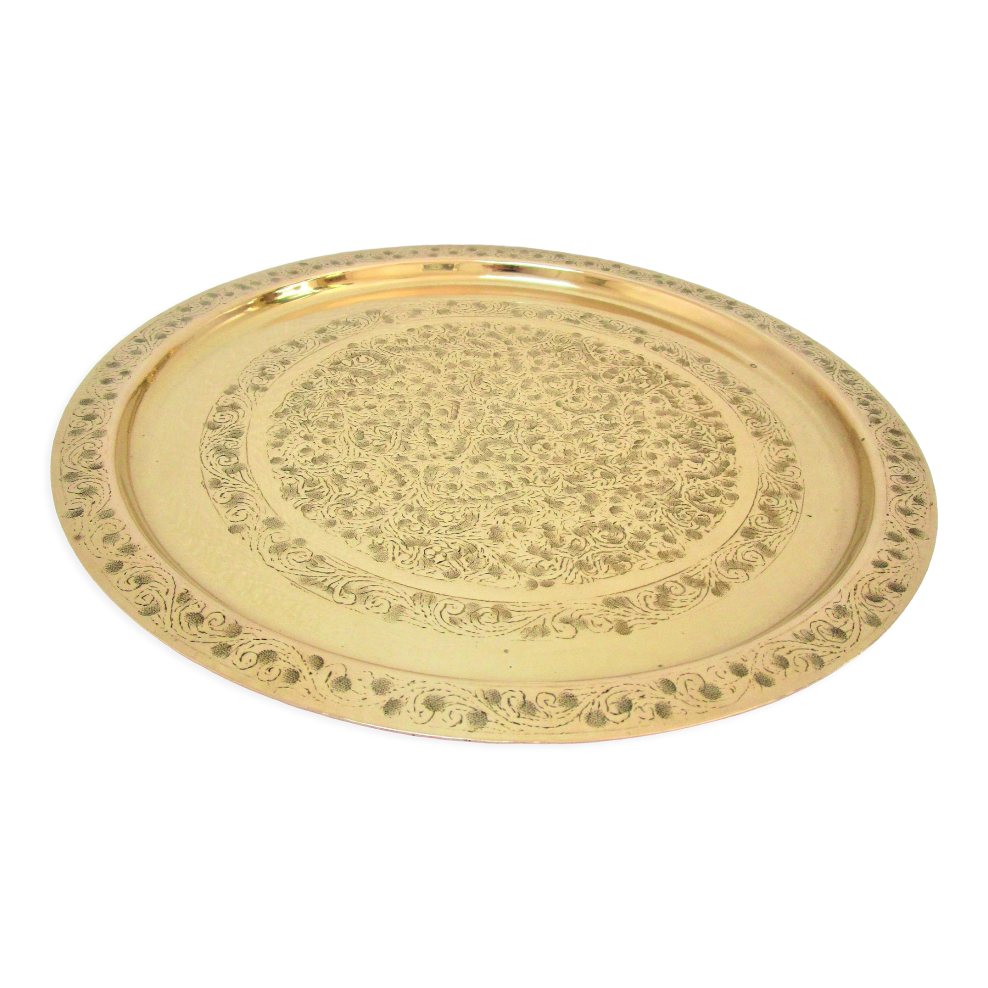 Oriental brass tray floral decoration signed