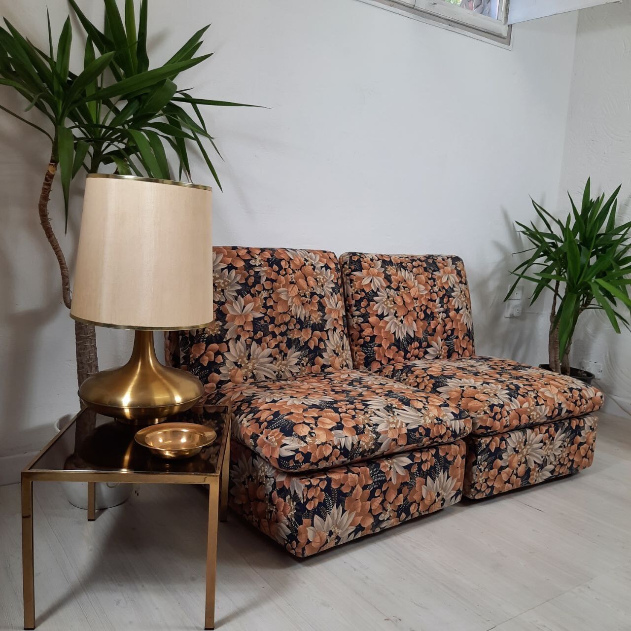Modular sofa / Pair Armchairs - Fabric leaves - Vintage - Bonacina