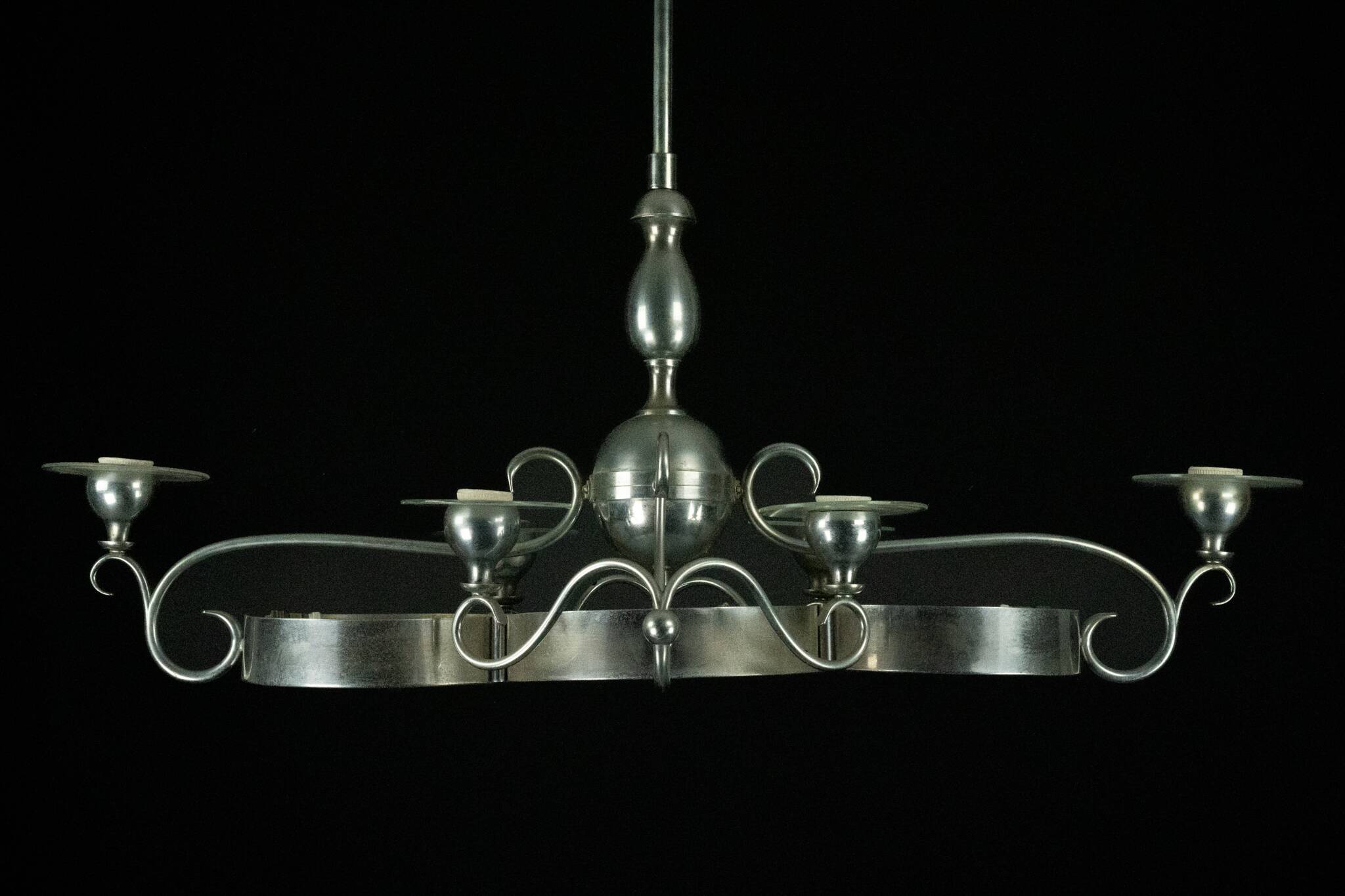 Art Deco Italian Chandelier in Nickel Brass and Frosted Glass, 1930s