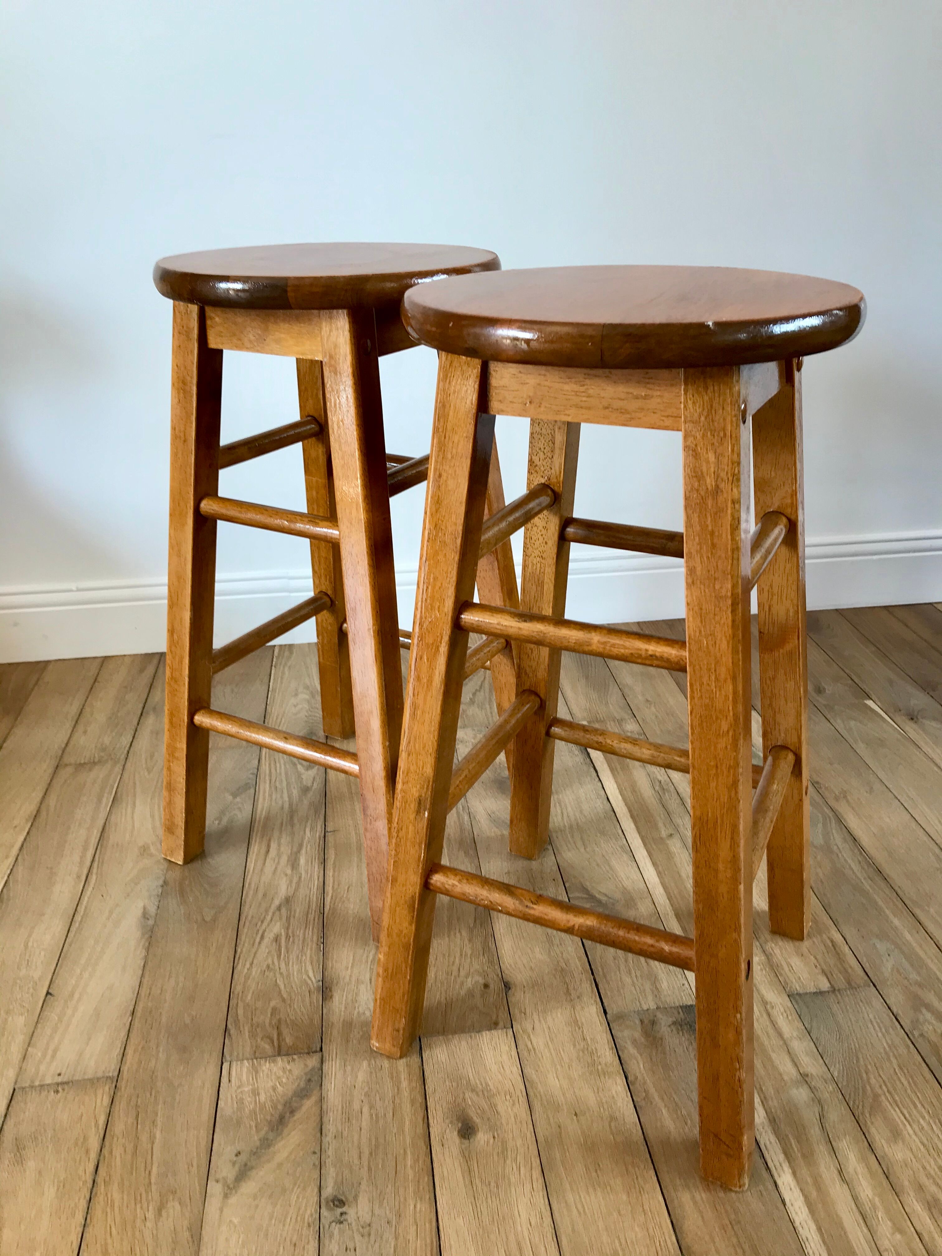 Pair of high stools / bar varnished wood 60-70s