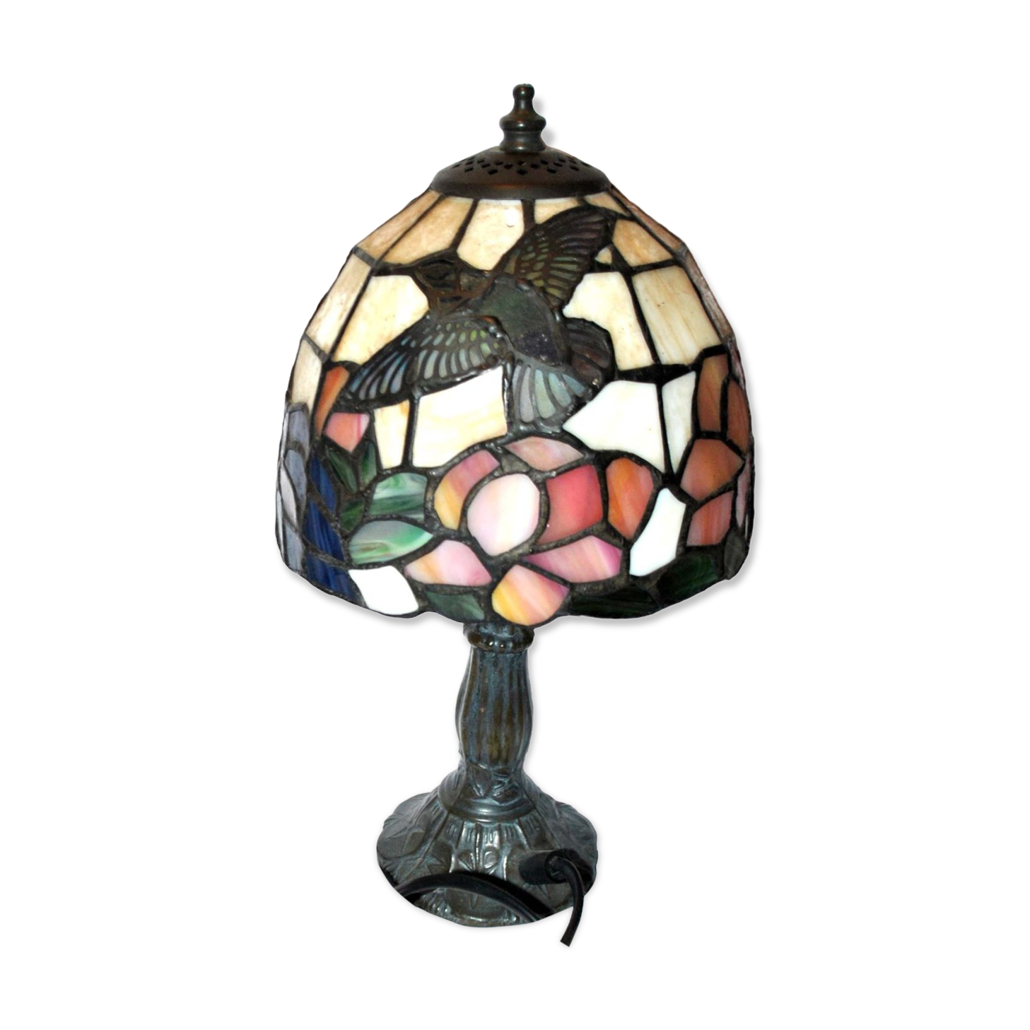 Vintage "hummingbird bird" tiffany style table lamp in stained glass paste window - late 20th century.