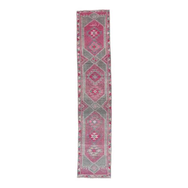 Pink-gray vintage Turkish hand-knotted tribal runner 79x390