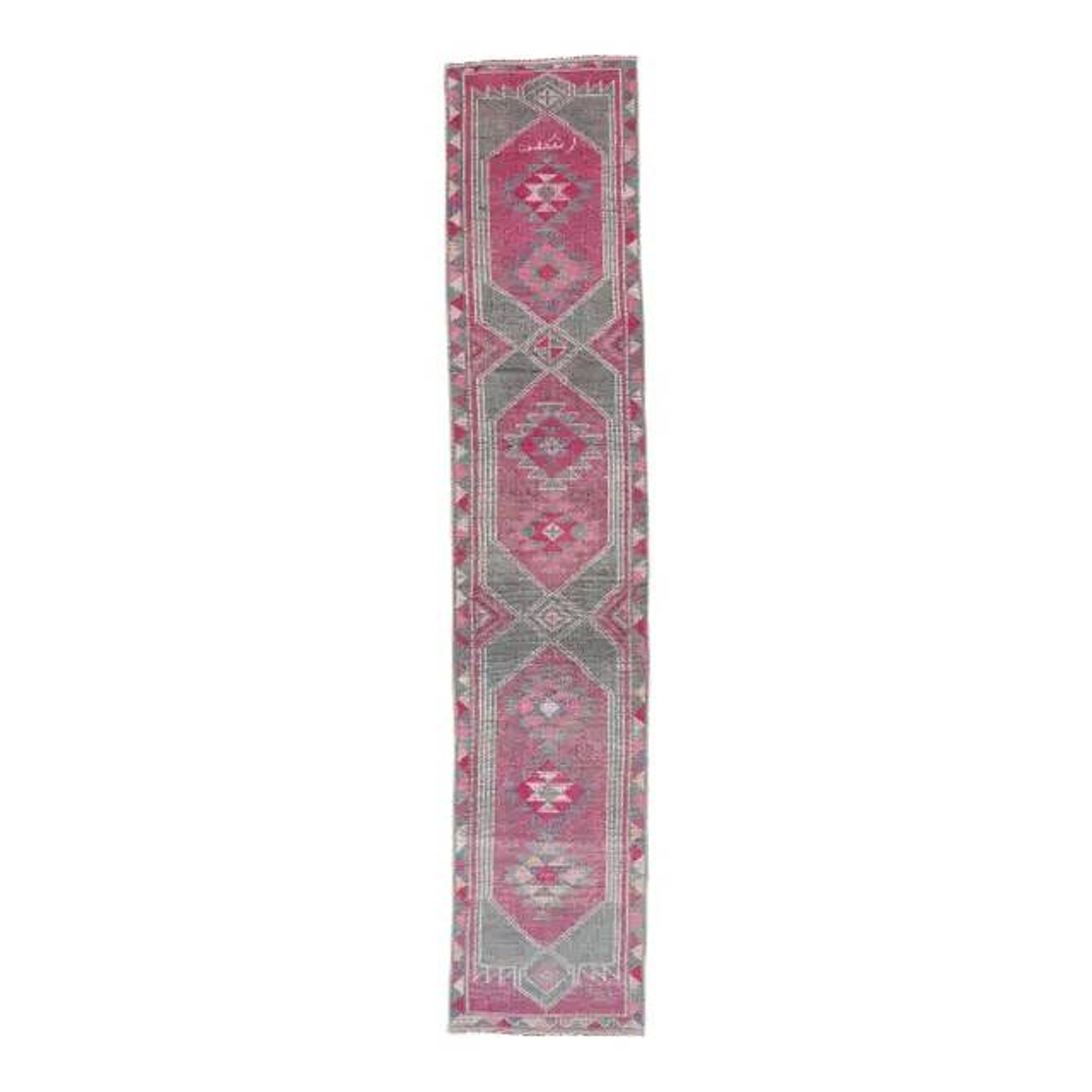 Pink-gray vintage Turkish hand-knotted tribal runner 79x390