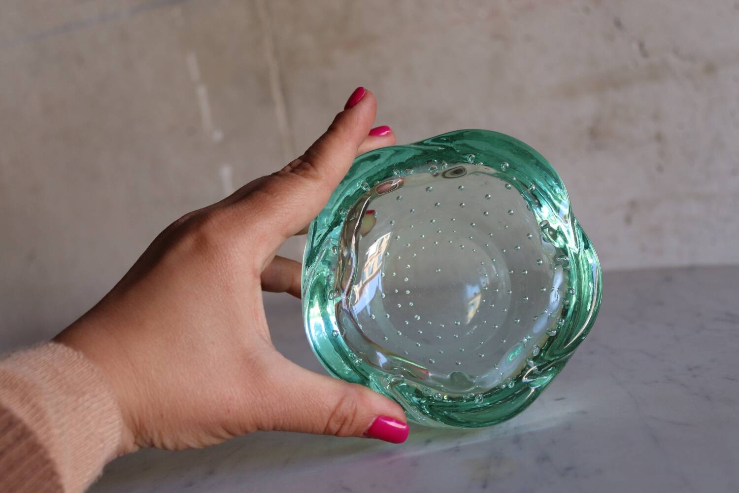 Daum green ashtray or empty pocket in bubbled glass
