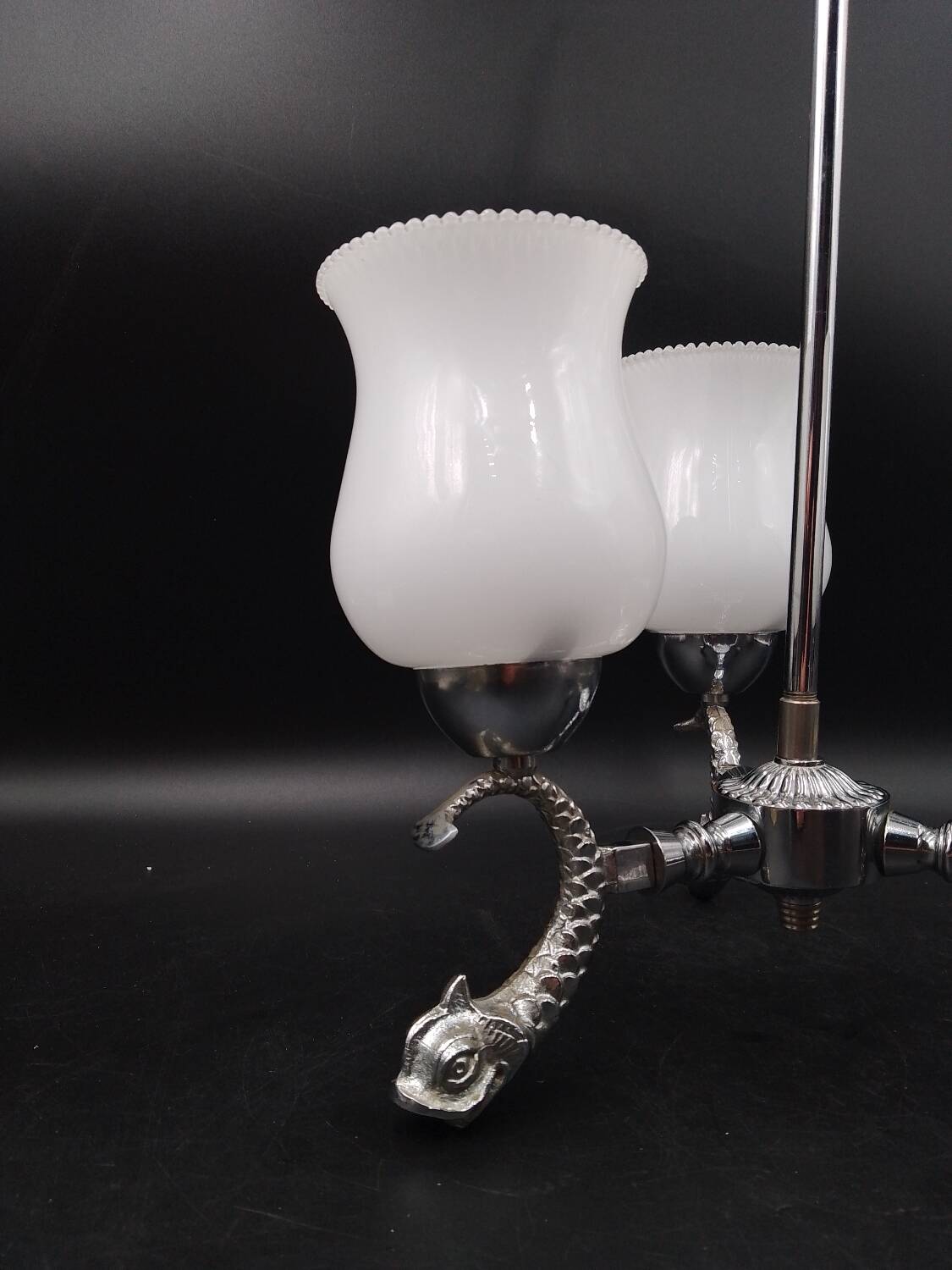 Vintage lamp 70/80 chrome dolphin fish chandelier and 3 opaline arms