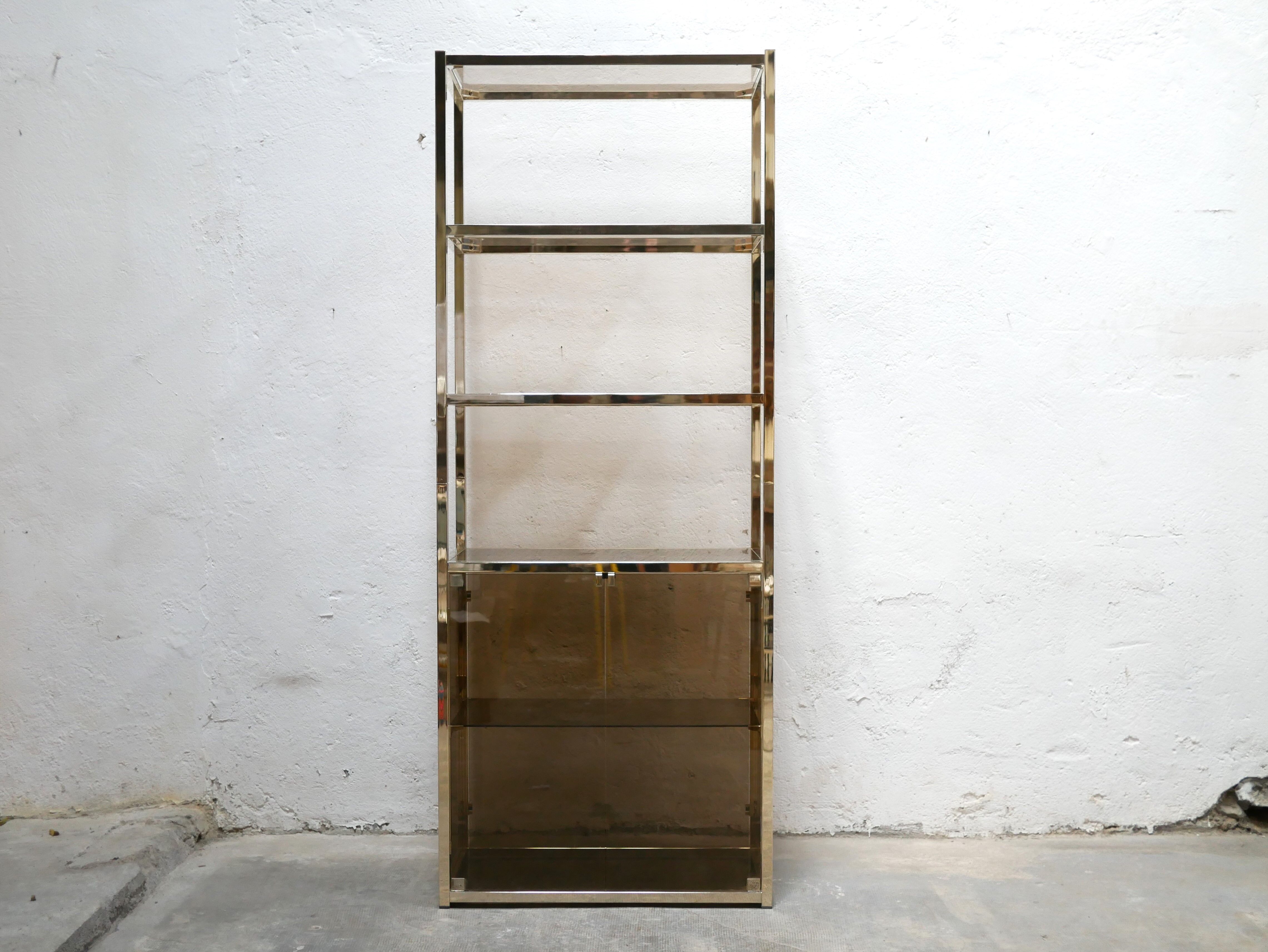 Bookcase vintage shelf in brass and smoked glass