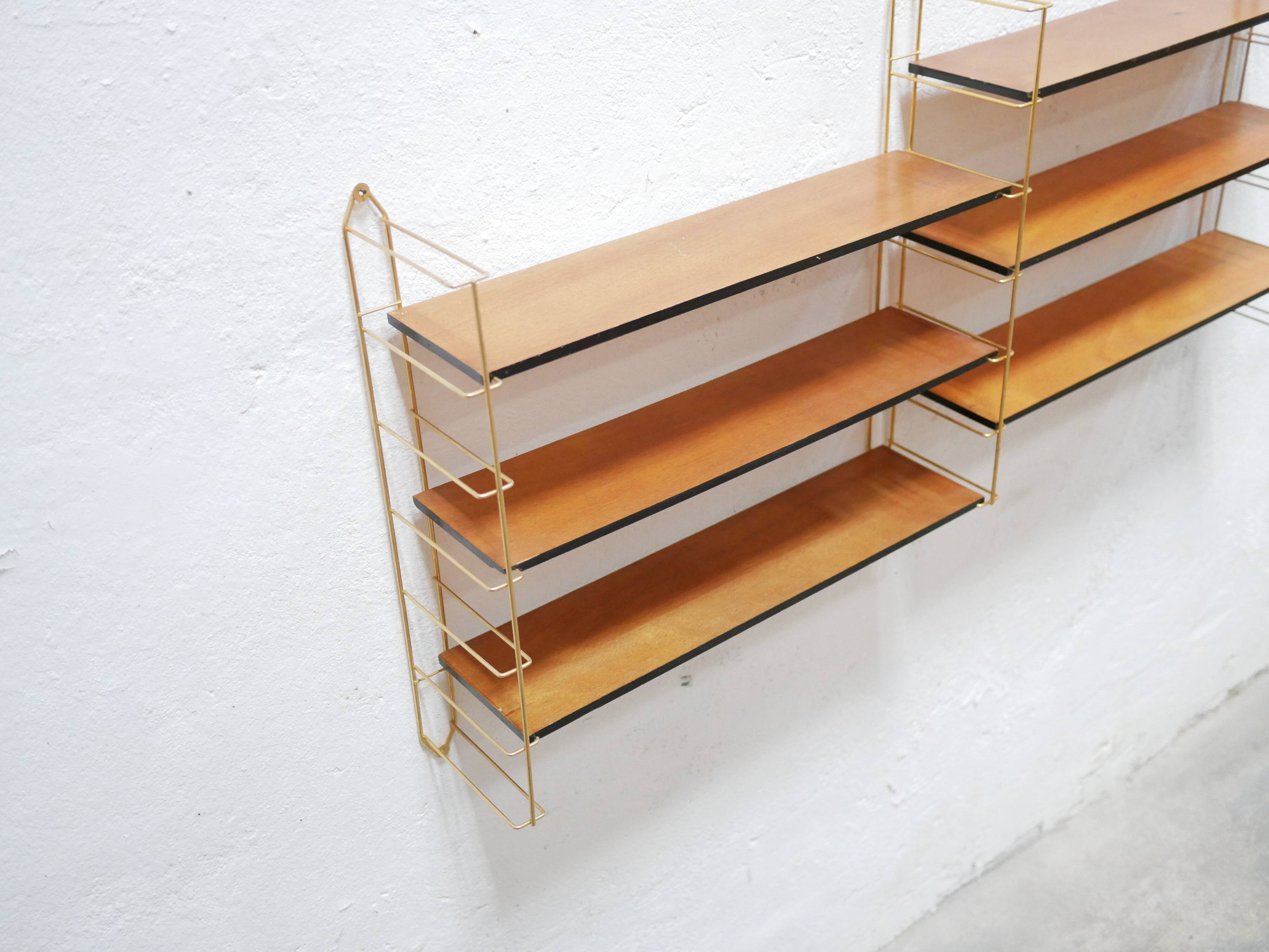 Vintage modular wall shelf in brass and wood