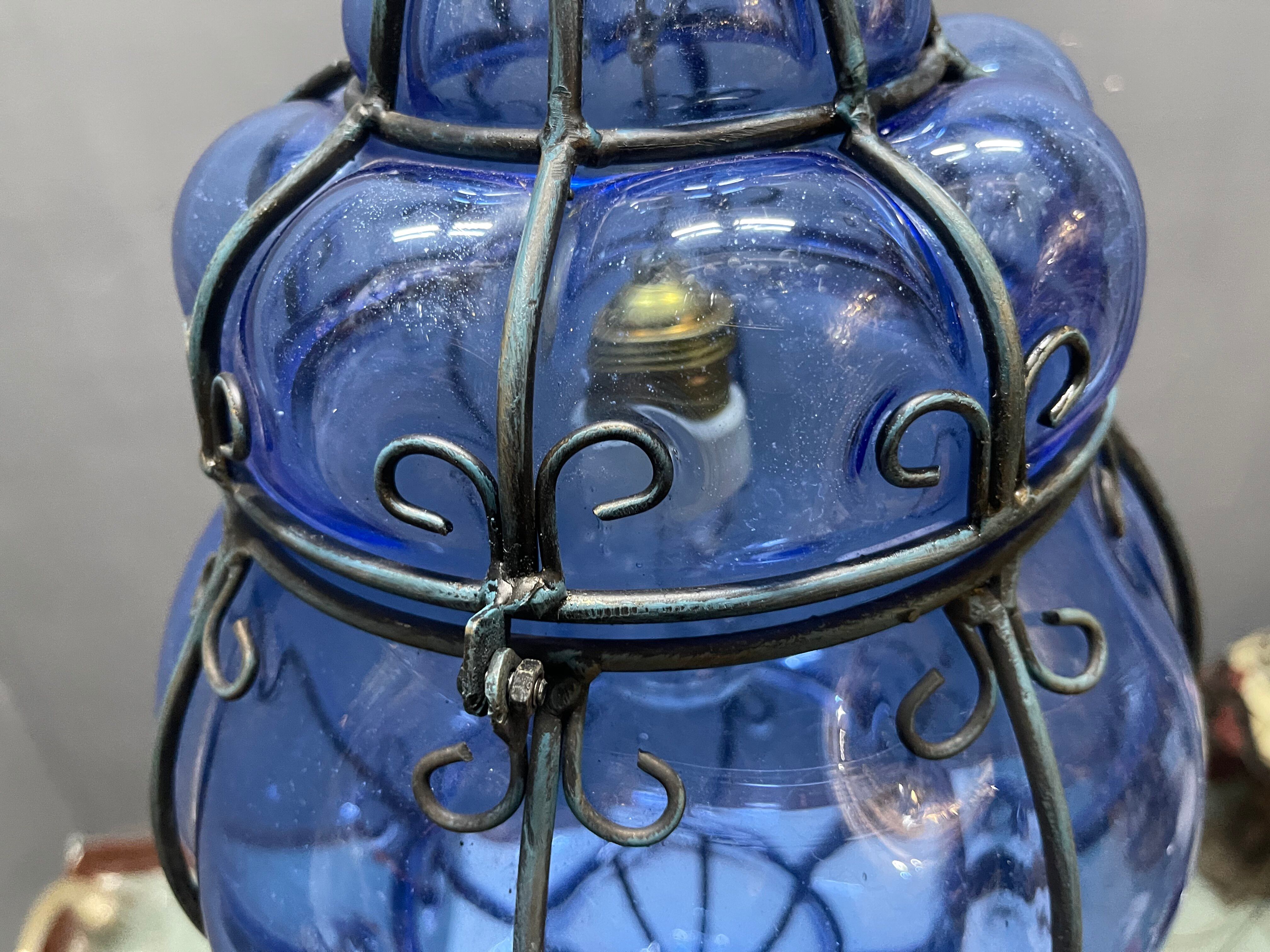 Wrought Iron Blue Murano Glass Light Pendant 1980’s