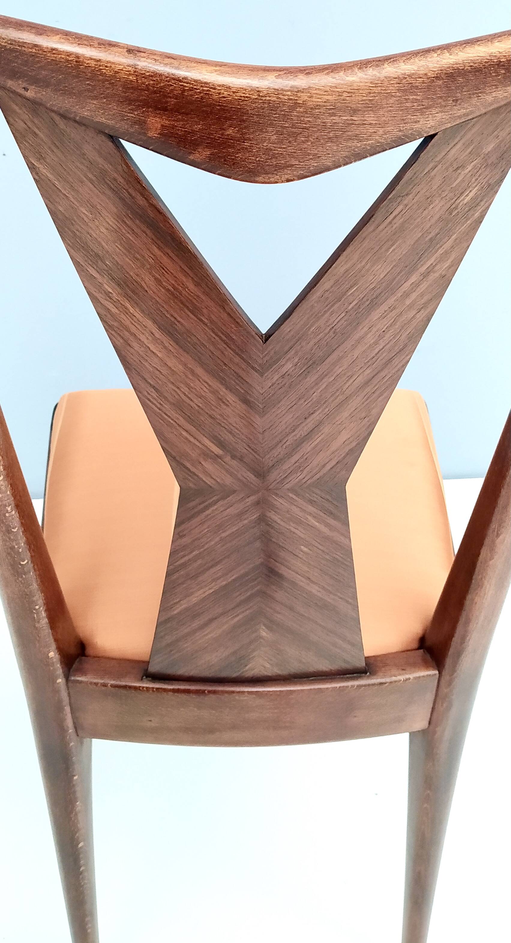 Set of Six Walnut Dining Chairs with Orange Fabric in the Style of Parisi