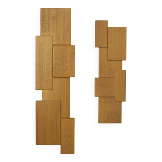 Pair of handcrafted Modernist wall lights in solid wood (oak) Circa 1980