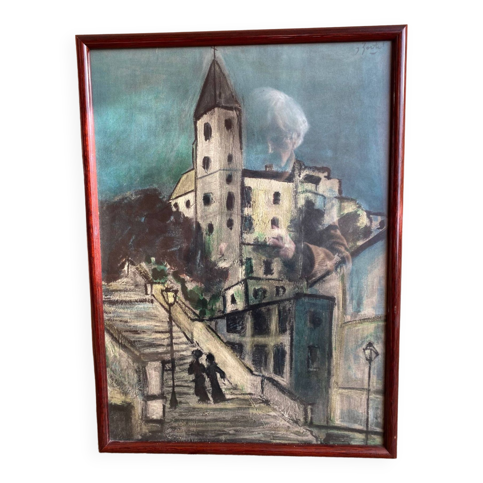 Painting steps of montmartre gouache on paper signed jartet? early 20th century