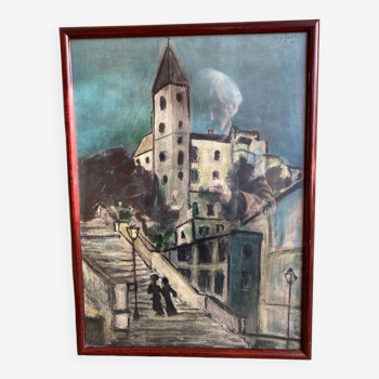 Painting steps of montmartre gouache on paper signed jartet? early 20th century