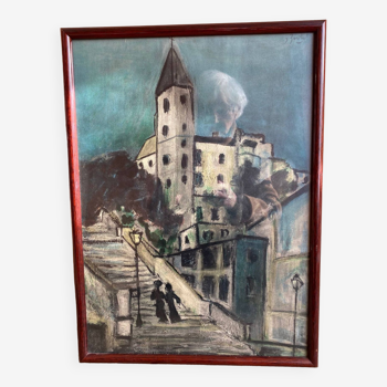 Peinture marches de montmartre gouache sur papier signee jartet ? debut xxeme