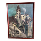 Painting steps of montmartre gouache on paper signed jartet? early 20th century
