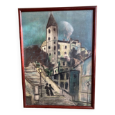Peinture marches de montmartre gouache sur papier signee jartet ? debut xxeme
