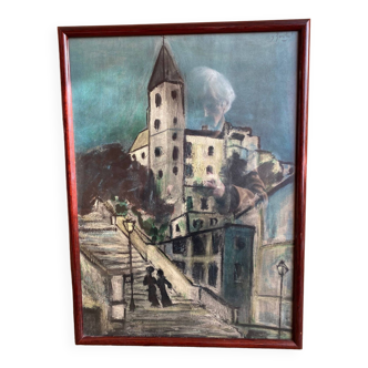 Painting steps of montmartre gouache on paper signed jartet? early 20th century