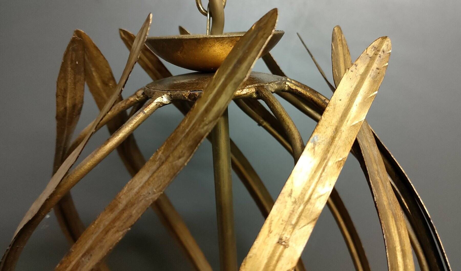 Large Italian Foliage Cage Chandelier - 1960s Art Crafts - Gold Metal
