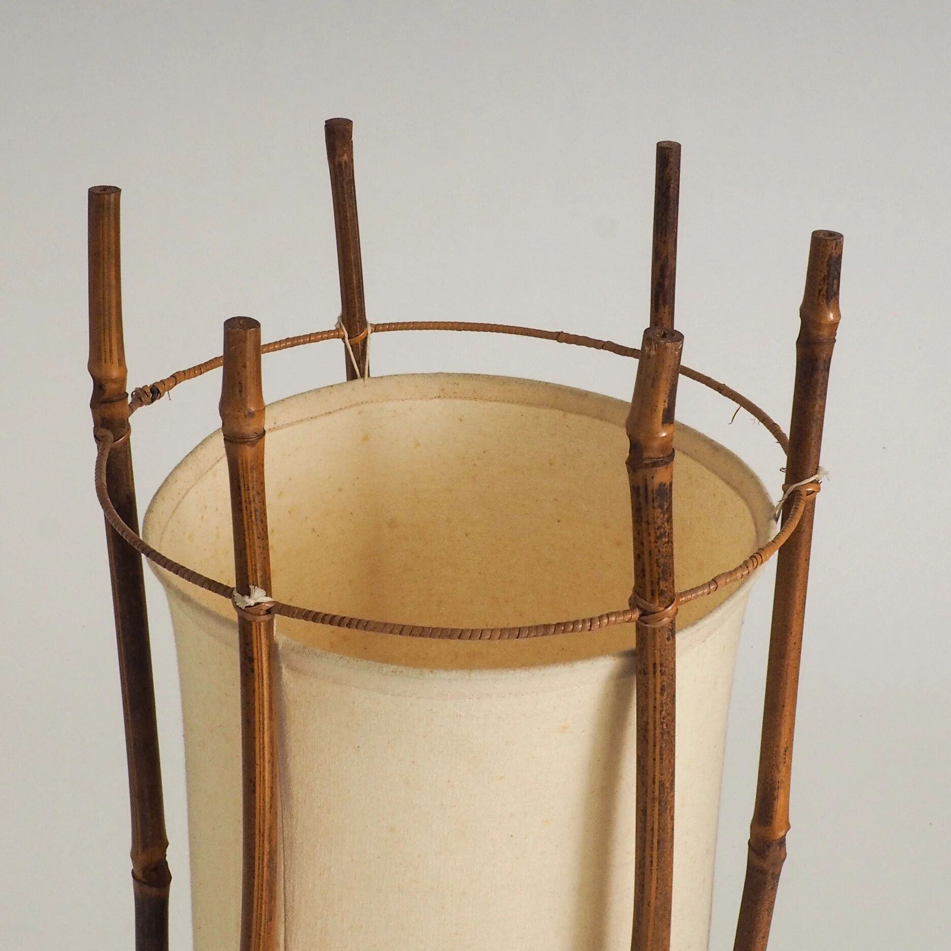 Large bamboo & linen floor lamp by Louis Sognot