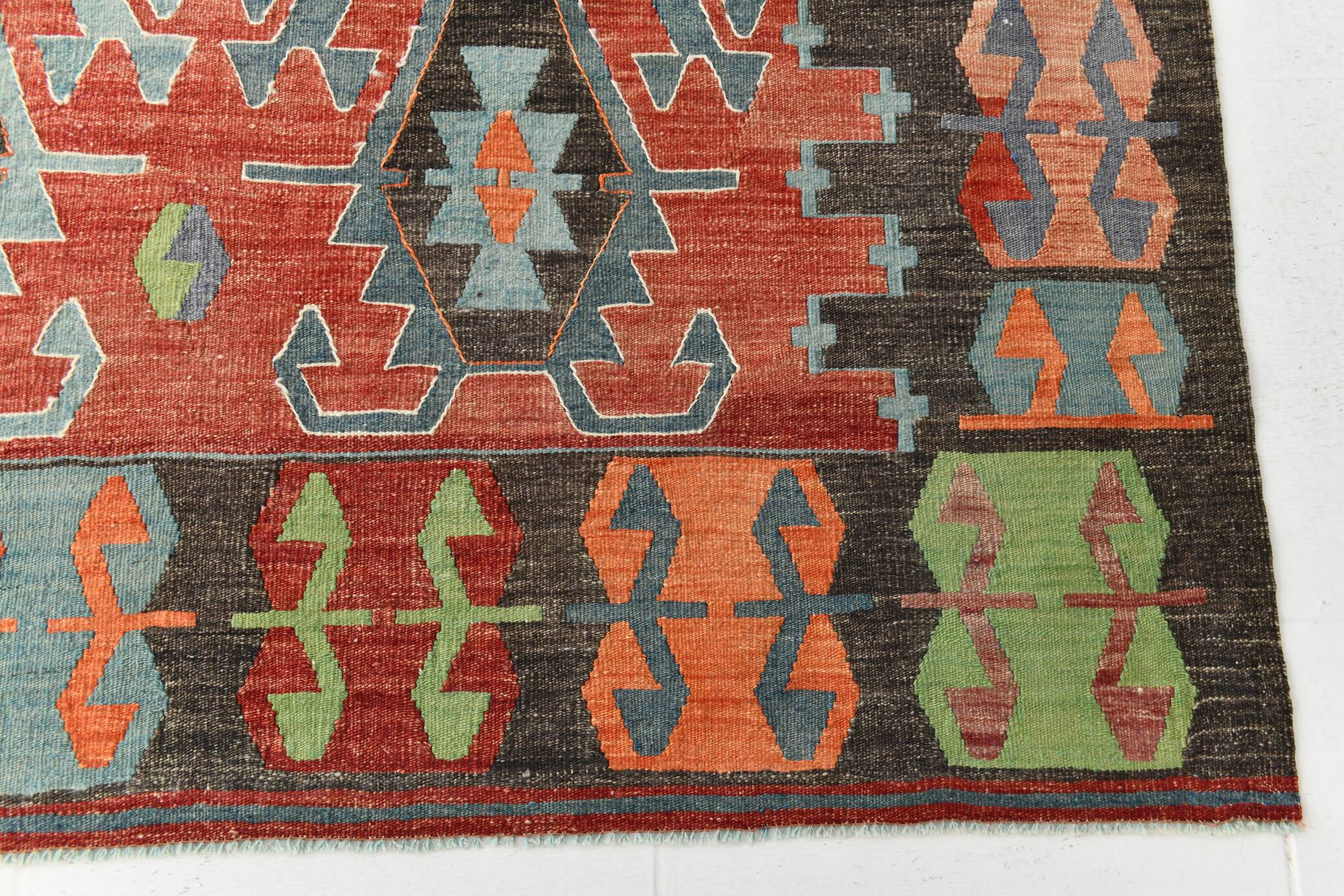 Tapis Kilim Vintage Rouge Motifs Géométriques Ethniques, 195x355 Cm