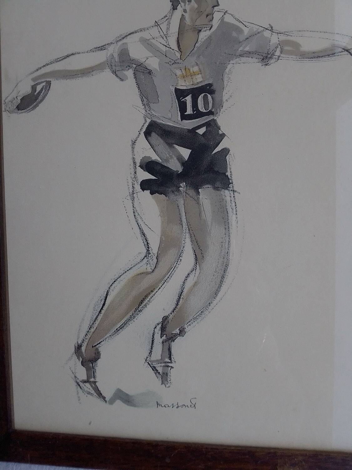 Watercolor drawing of a discus thrower, signed Massonet