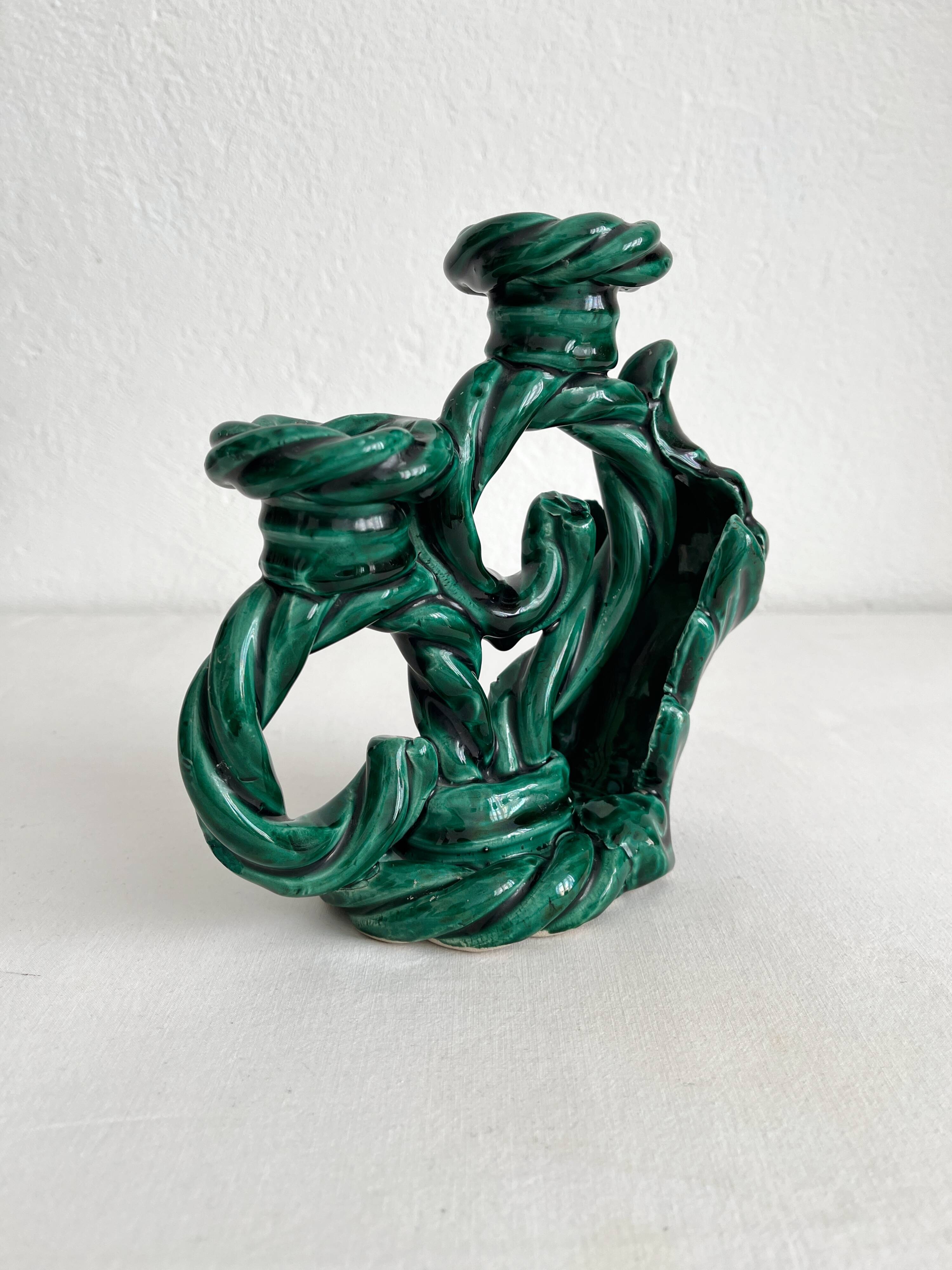 Green vintage woven ceramic candle holder