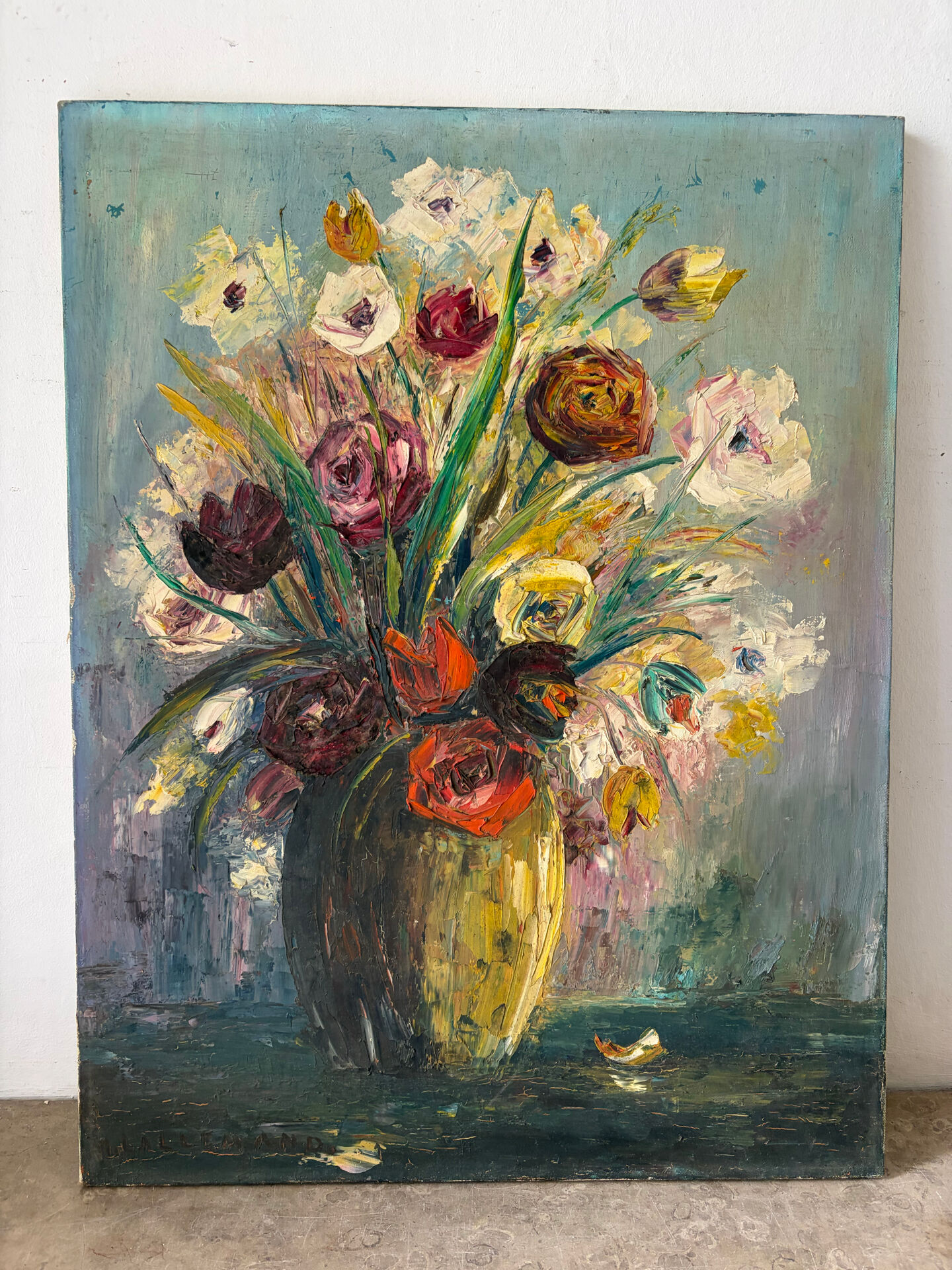 Bouquet, huile au couteau, signée Lallemand
