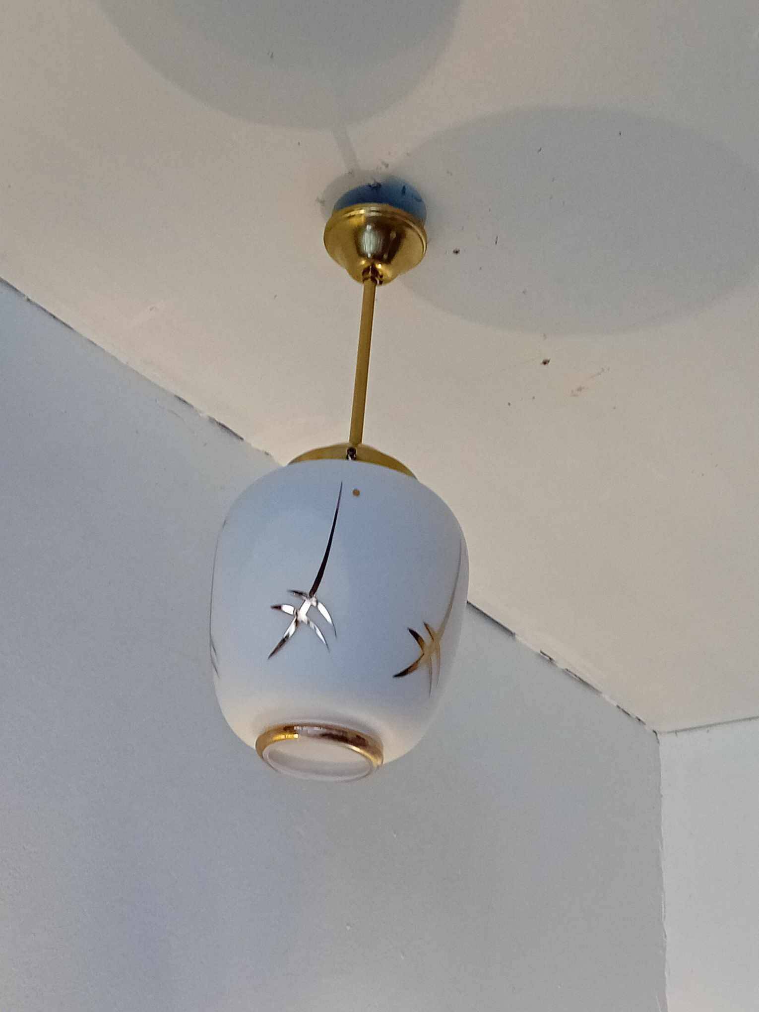 Pair of opaline globe pendant lights with stylized decoration, 1950s