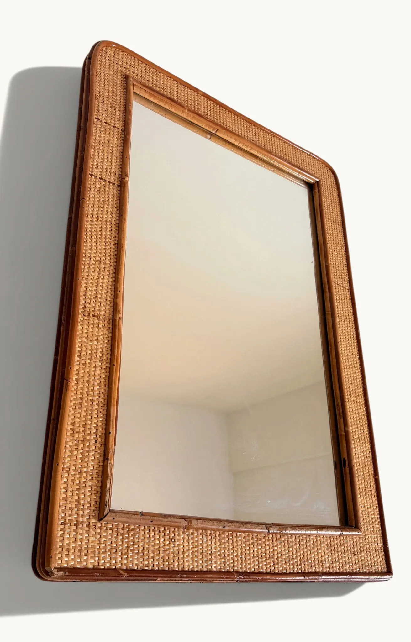 1970s Mid-Century Rattan and Pencil Reed Large Mirror, Spain