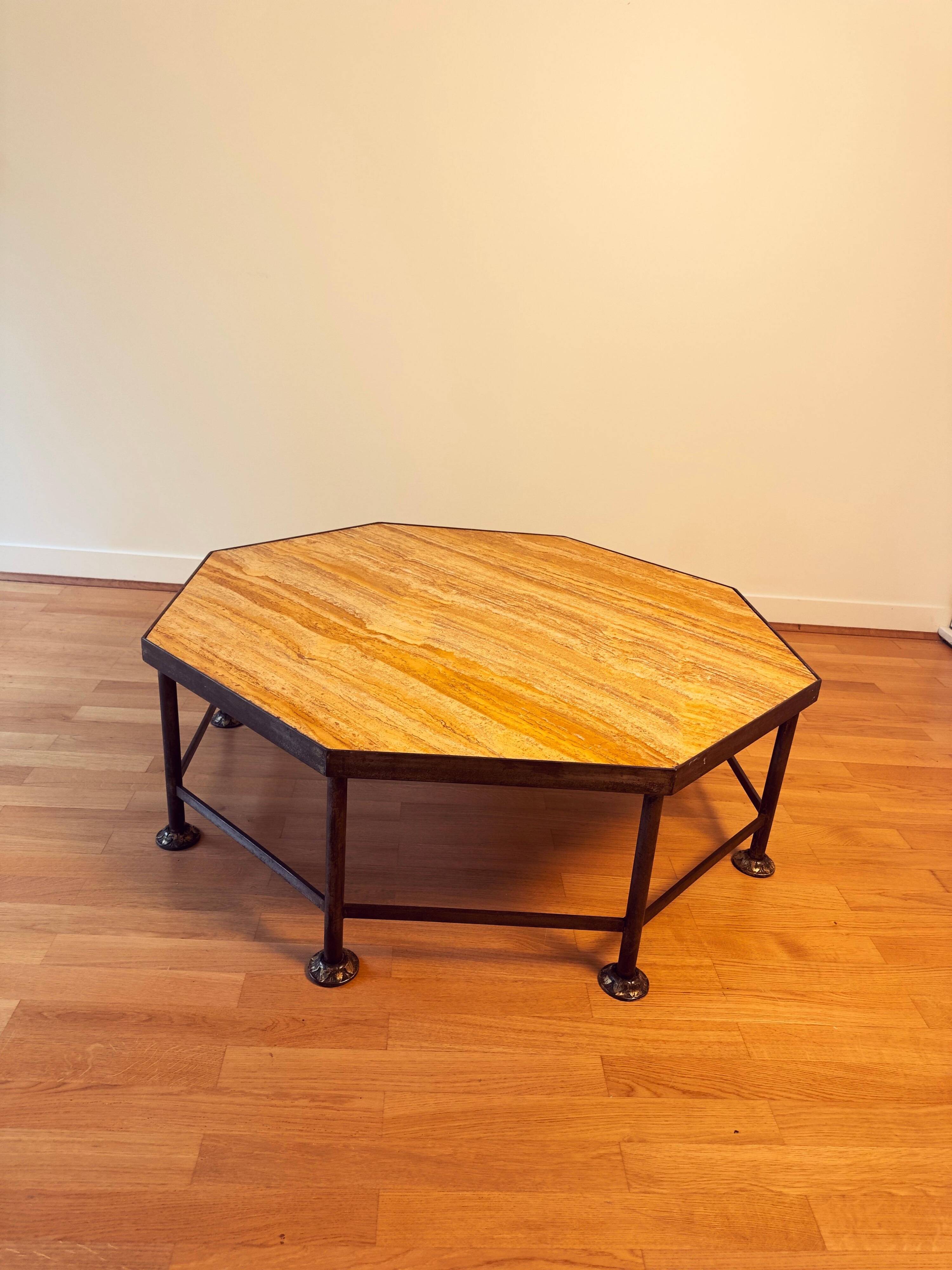 French Octagonal Travertine Coffee Table in the Style of Maison Jansen, 1960s