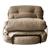 Fauteuil convertible safari en lin beige et métal, design vers 1970-80
