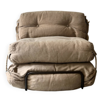 Safari convertible armchair in beige linen and metal, design circa 1970-80