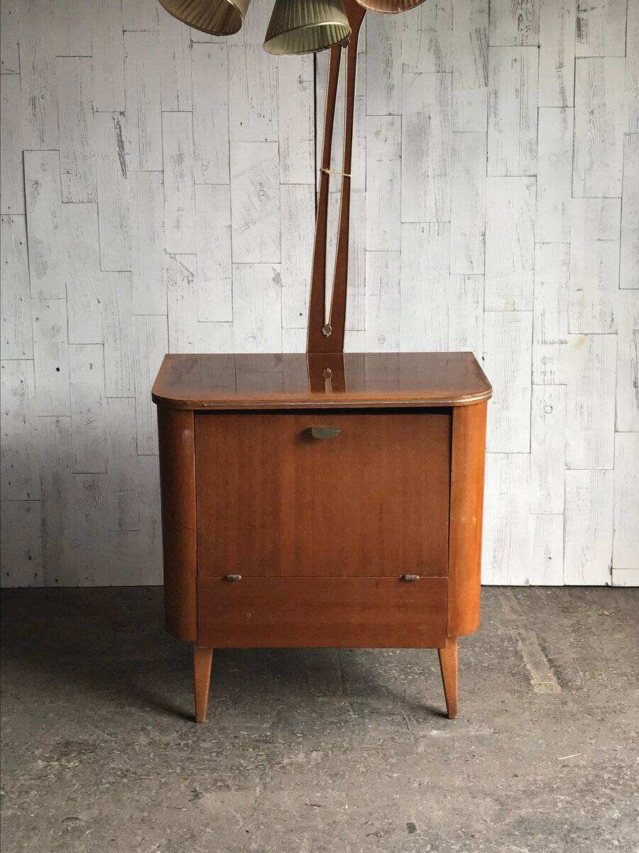 Art Deco bar cabinet in brown walnut with integrated lamp and three sockets, 1950s.