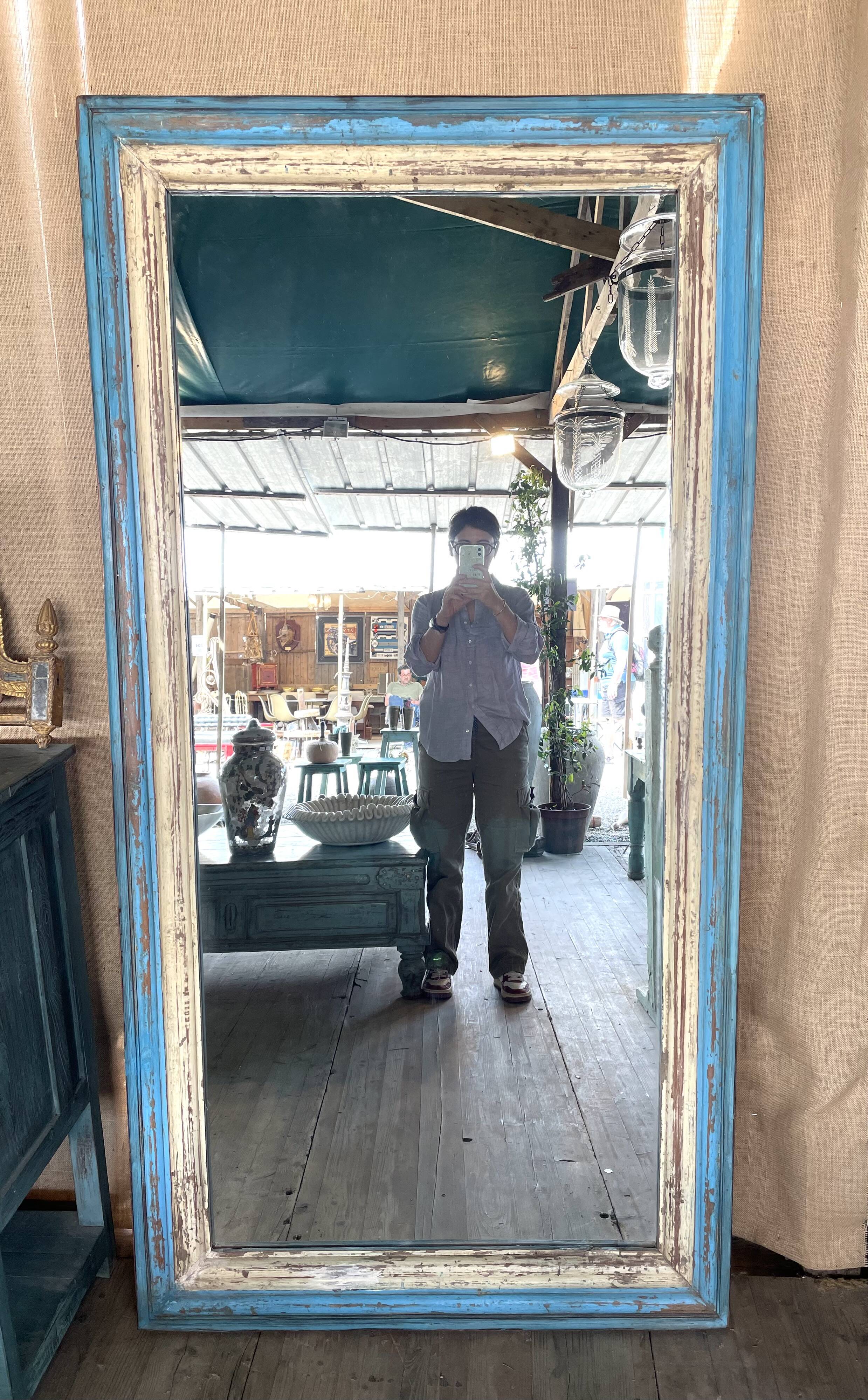 Large beige and blue teak mirror