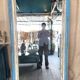 Large beige and blue teak mirror