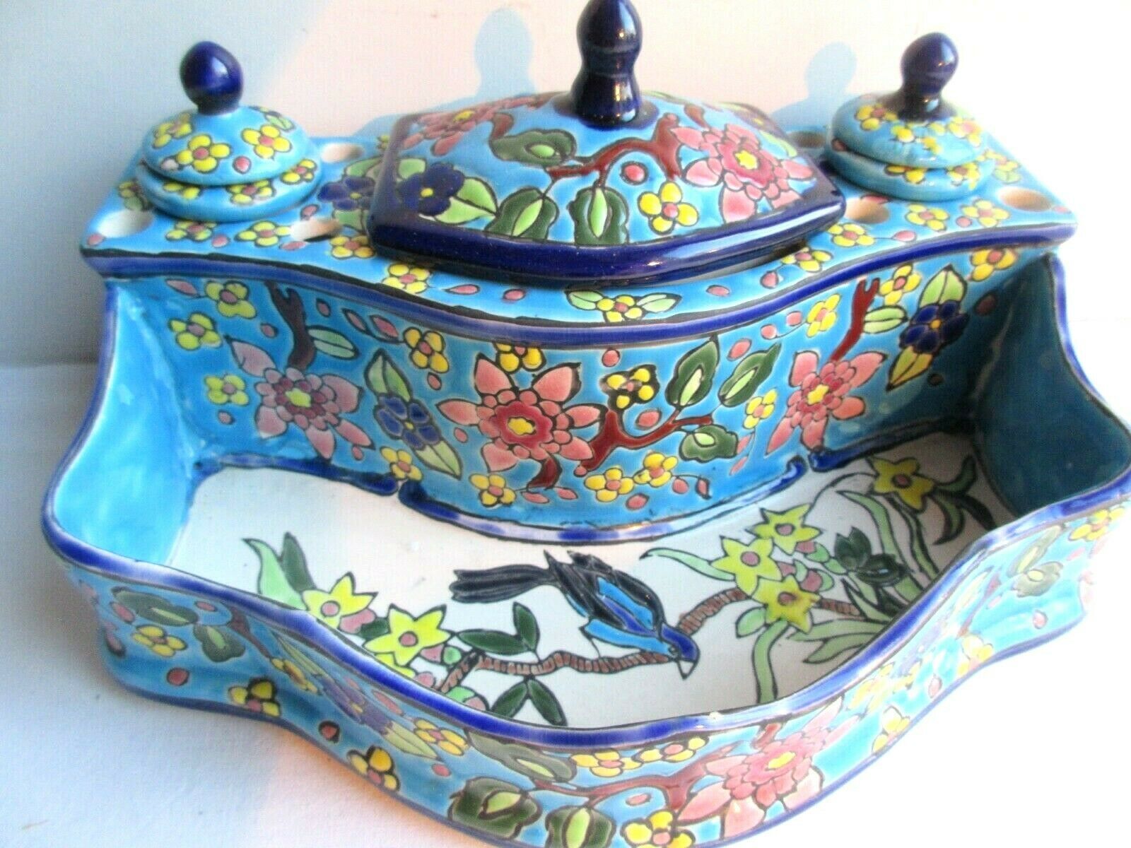 Double ink in enamels like Longwy  blue ceramic: Peonies and Bird