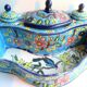 Double ink in enamels like Longwy  blue ceramic: Peonies and Bird